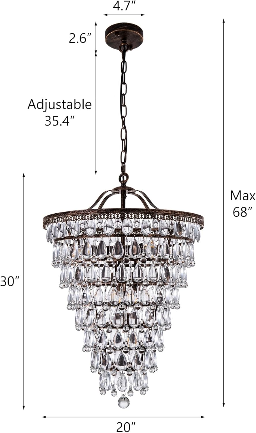 Wellmet 20 Inch Crystal Chandelier, Farmhouse Bronze Bathroom Chandeliers, 8-Lights Foyer Lighting Round Hanging Ceiling Light Fixture for Living Room, Bedroom, Entryway, Kitchen Island, Cone Shape