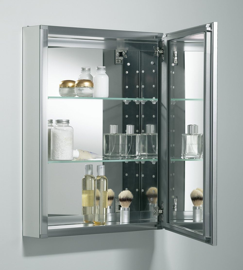 Kohler CB-CLW2026SS Aluminum Bathroom Medicine Cabinet with Mirror, Decorative Silver Framed Mirror Door, Adjustable Shelves, Rectangular Frame, 20 in. W x 26 in. H
