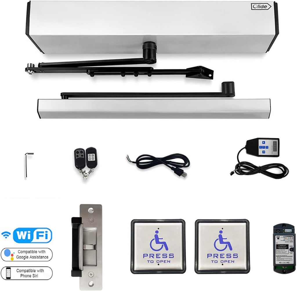 Olideauto Swing Door Operator Automatic for the Disabled,Commercial Smart WiFi Handicap Door Opener Wireless Olide-120B with Wireless Handicap Push Button&Receiver and DC12V 880lbs Electric Strike