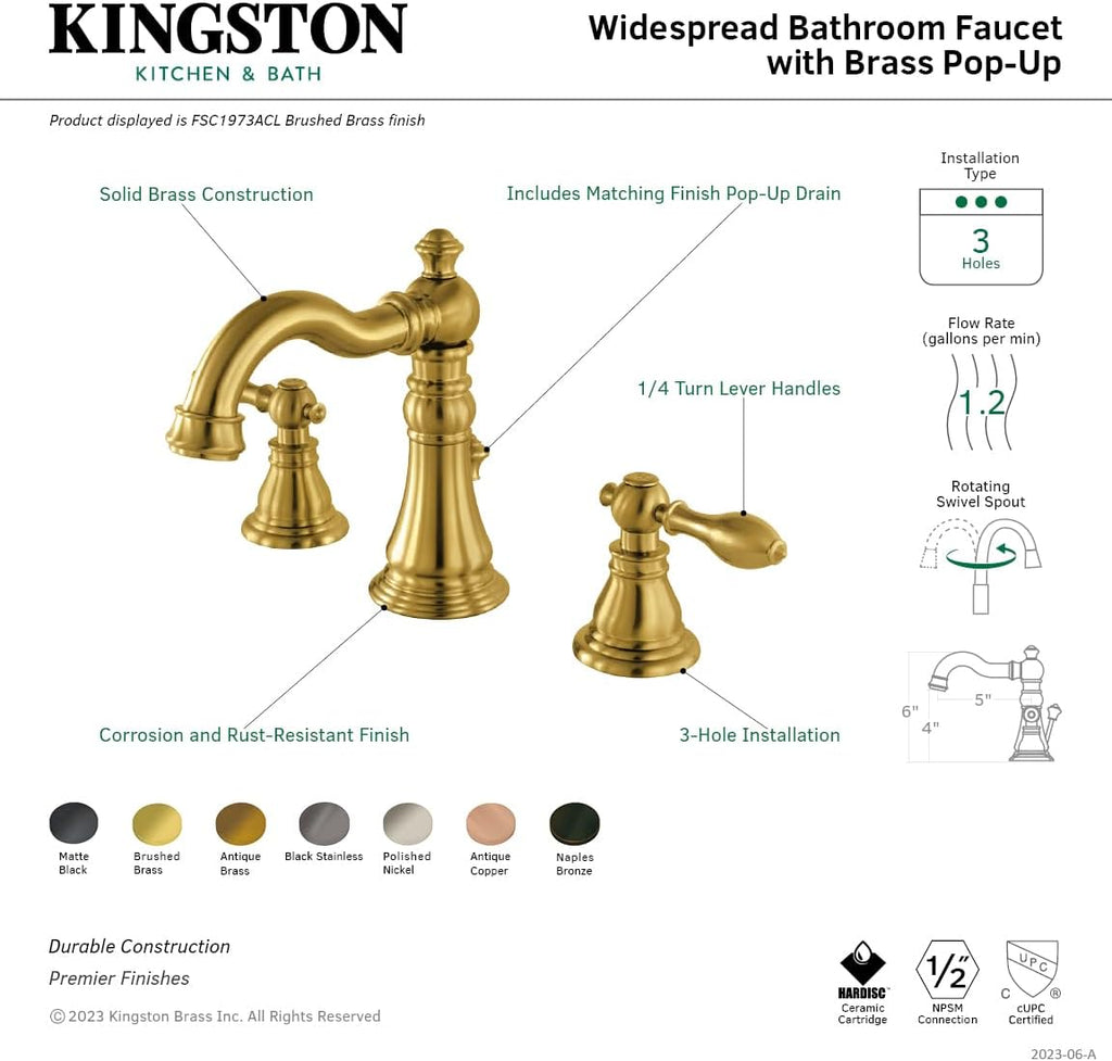 Fauceture FSC1973ACL American Classic Widespread Bathroom Faucet with Brass Pop-Up, Brushed Brass