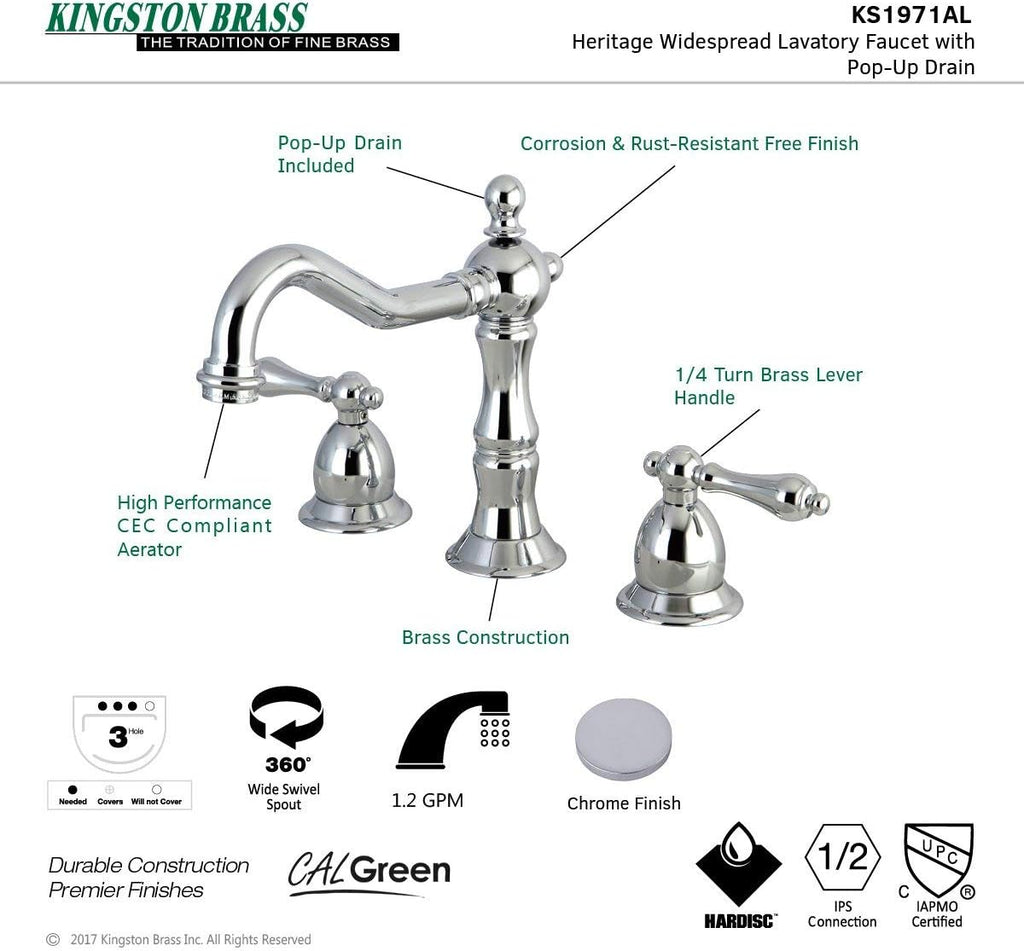 Kingston Brass KS1971AL Heritage Widespread Lavatory Faucet with Metal lever handle, Polished Chrome, 8-Inch Adjustable Center