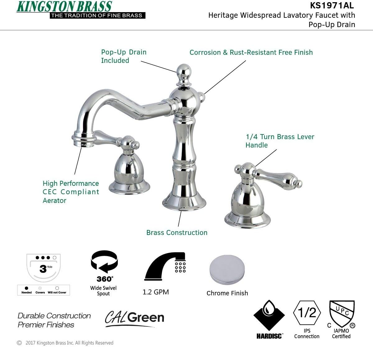 Kingston Brass KS1971AL Heritage Widespread Lavatory Faucet with Metal lever handle, Polished Chrome, 8-Inch Adjustable Center