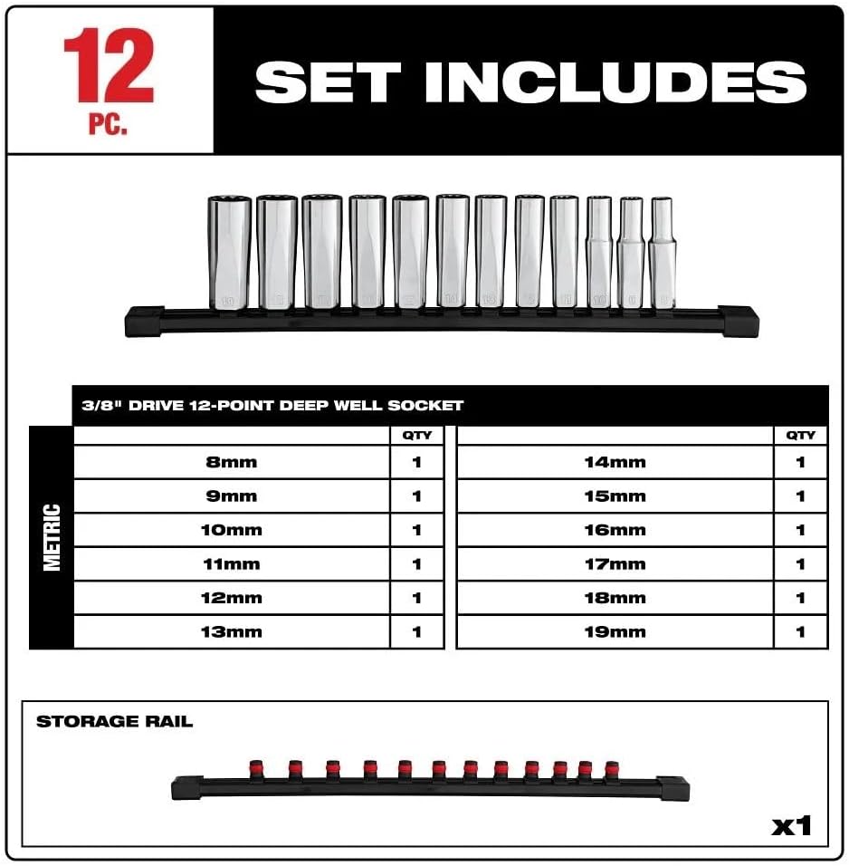 12pc 48-22-9521 for Milwaukee 3/8' Drive 12-Point Deep Well Metric Socket Set NEW