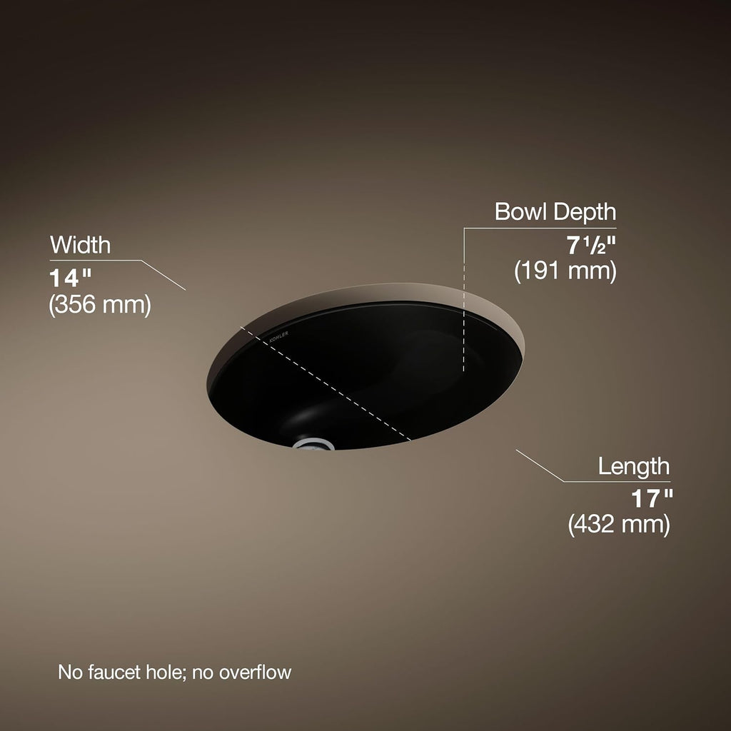 KOHLER K-2209-7 Caxton 17' Oval Undermount Bathroom Sink, Oval Basin, Overflow Drain, No Faucet Holes, Black Black