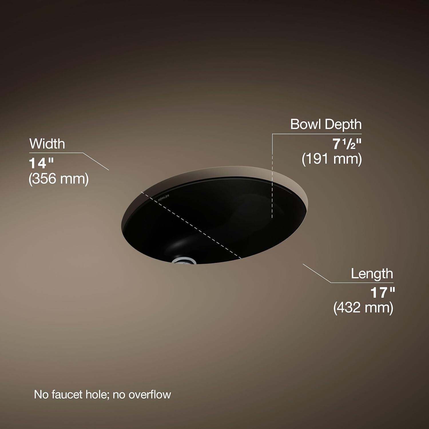 KOHLER K-2209-7 Caxton 17' Oval Undermount Bathroom Sink, Oval Basin, Overflow Drain, No Faucet Holes, Black Black