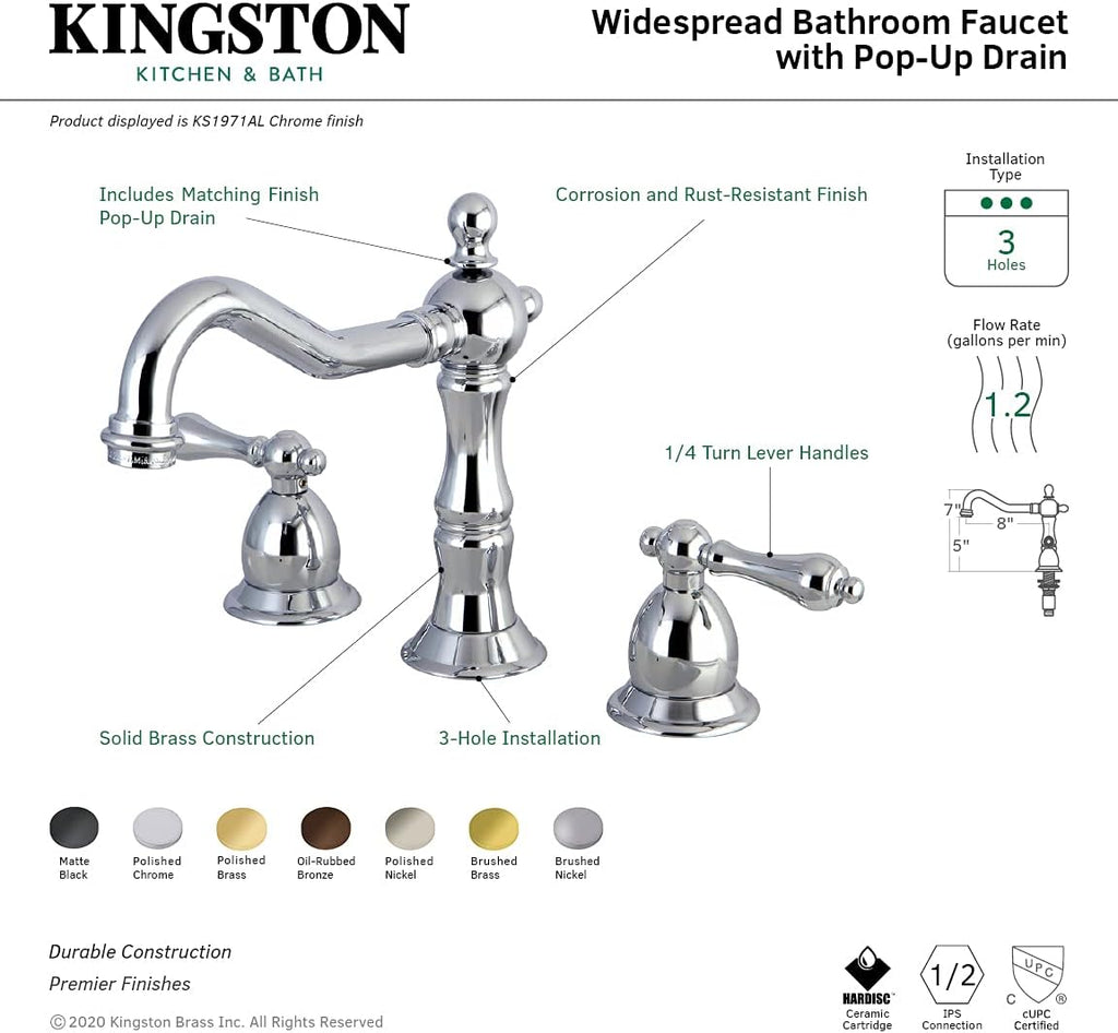 Kingston Brass KS1978AL Heritage Widespread Lavatory Faucet with Metal lever handle, Brushed Nickel