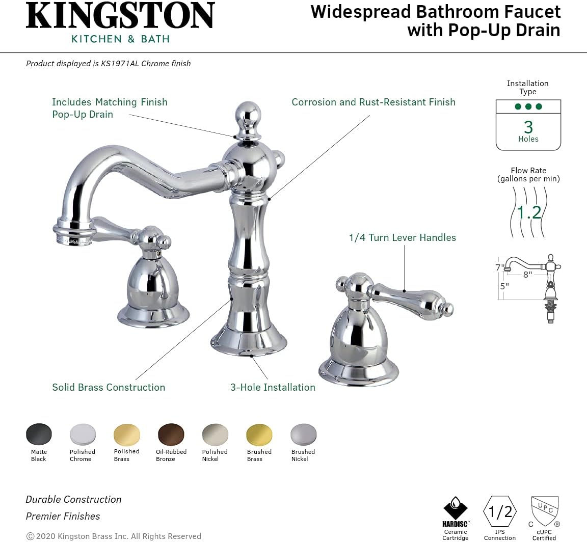 Kingston Brass KS1978AL Heritage Widespread Lavatory Faucet with Metal lever handle, Brushed Nickel