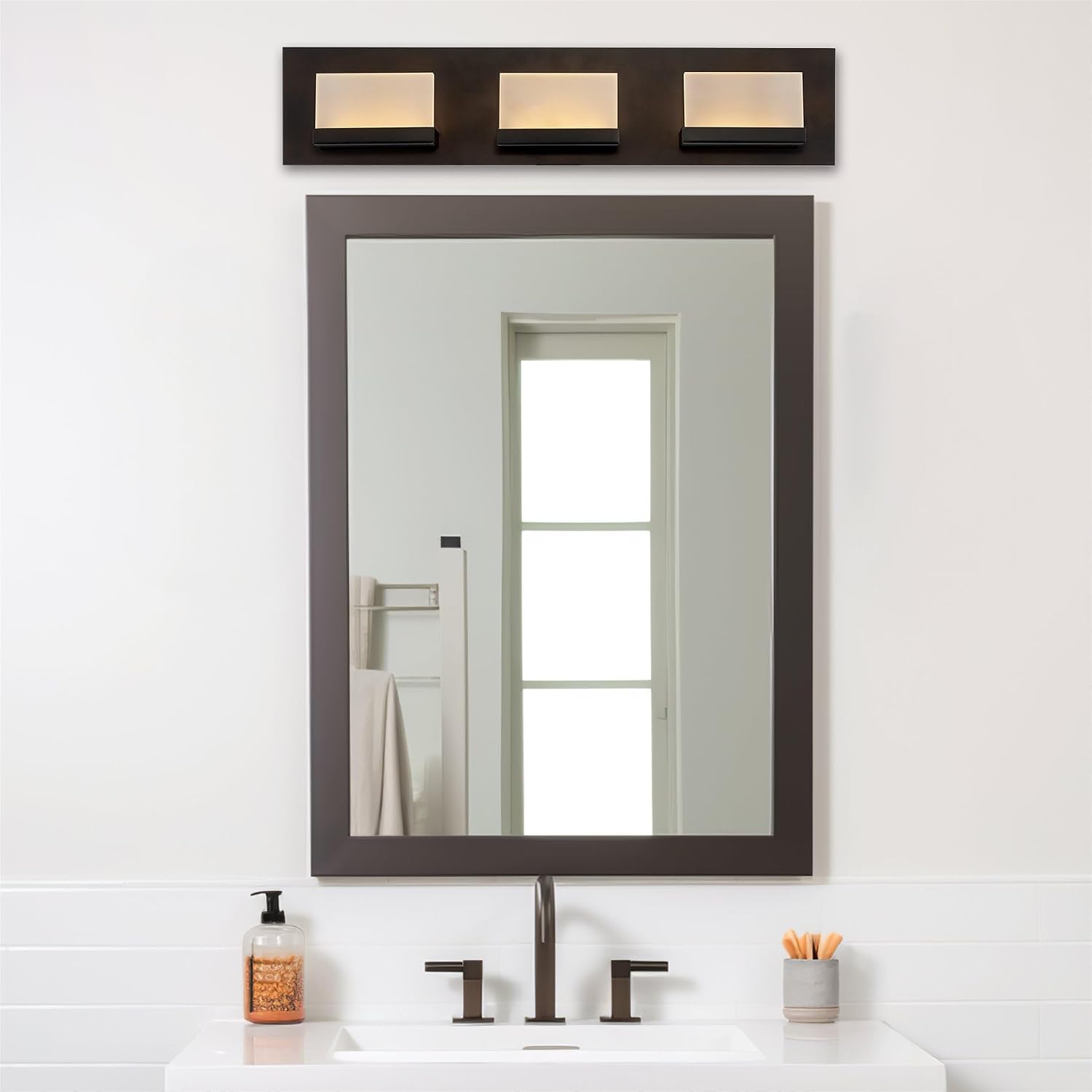 Kira Home Everett 24' Modern 3-Light Integrated LED Vanity Light, 30W 3000K Warm White Light, Minimalist Bathroom Wall Sconce with Frosted Acrylic Blocks, Oil Rubbed Bronze Finish