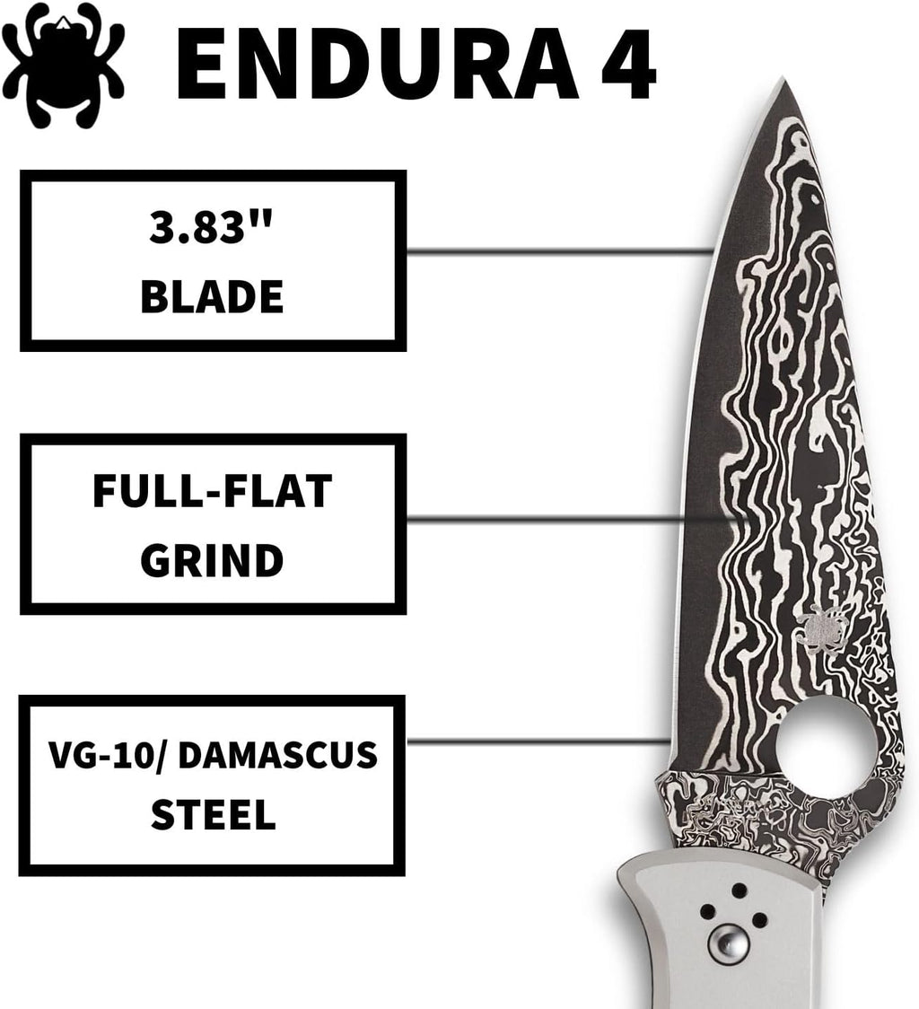 Spyderco Endura 4 Folding Pocket Knife with 3.8' VG-10 Damascus Steel Blade and Titanium Handle - EDC Knife for Men and Women, Perfect for Hunting, Tactical, Camping, Survival - PlainEdge - C10TIPD