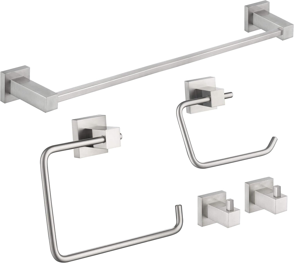 KIBI Cube Bathroom Hardware Set, 5-Piece Accessories Set | 18' Towel Bar, Towel Ring, Toilet Paper Holder, 2 Robe Hooks | Solid Brass Wall Mounted Bathroom Fixtures | Brushed Nickel, C-KBA15-5-4