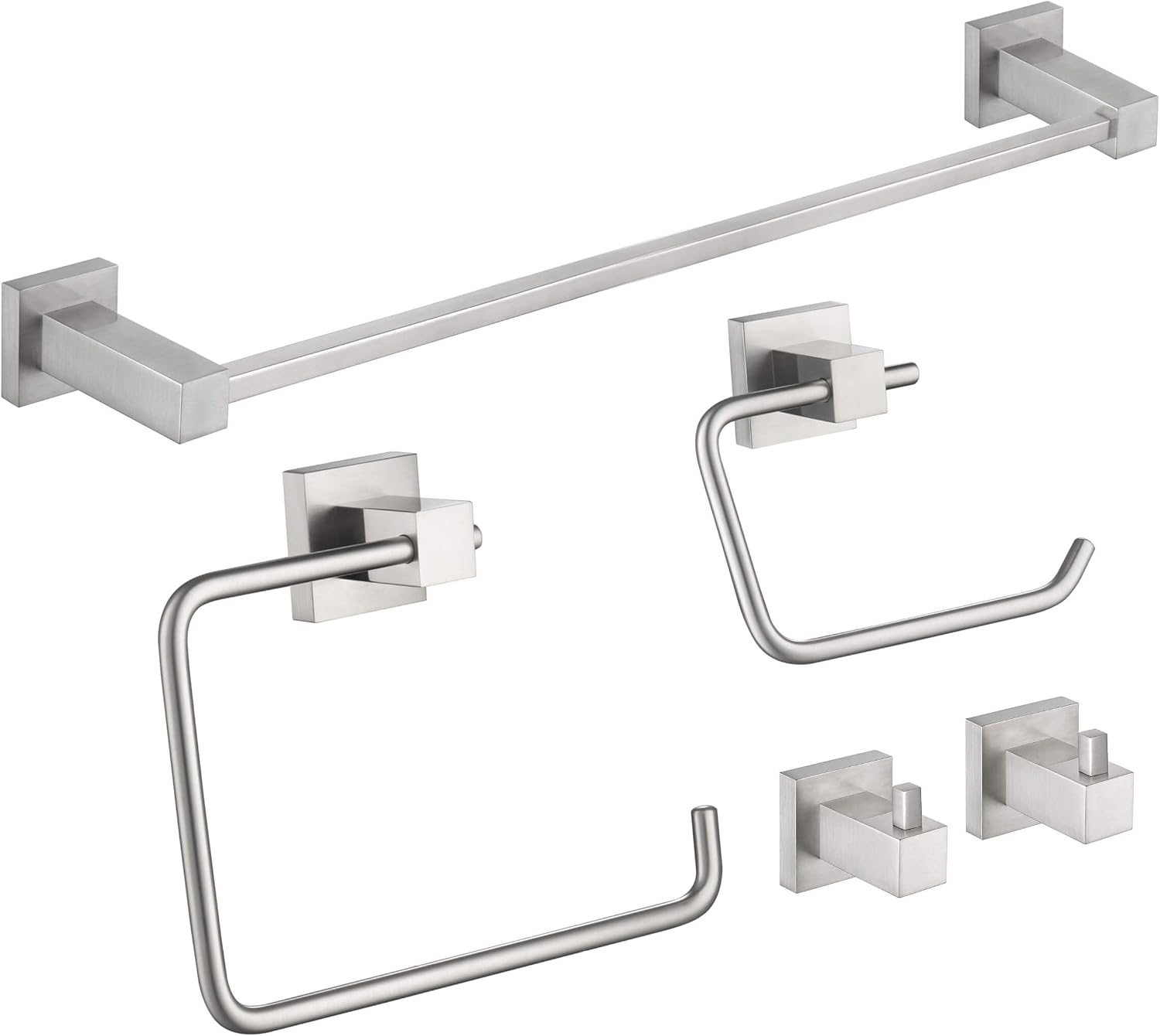 KIBI Cube Bathroom Hardware Set, 5-Piece Accessories Set | 18' Towel Bar, Towel Ring, Toilet Paper Holder, 2 Robe Hooks | Solid Brass Wall Mounted Bathroom Fixtures | Brushed Nickel, C-KBA15-5-4