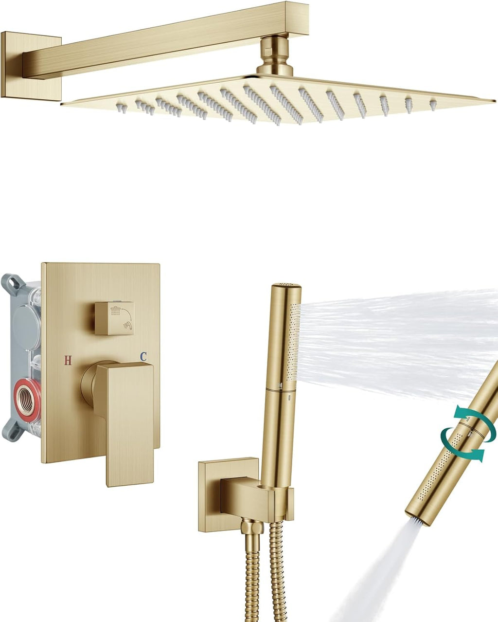 Aolemi Shower System with Rainfall Shower Head and Handheld Wall Mount,High Pressure Shower Faucet Set Fixture Combo with 2 in 1 Handheld Spray Rough-in Valve,12 Inch Shower Head Brushed Gold