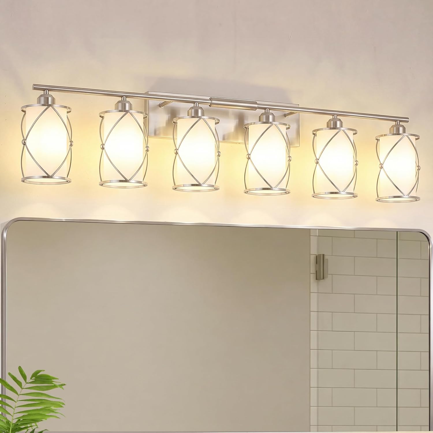 6-Light Brushed Nickel Bathroom Light Fixtures Over Mirror, 42' UL-Listed Modern Wall Sconce Lights with Milk White Frosted Glass and Metal Cage for Bath, Hardwire E26, CH9176BNW-6W