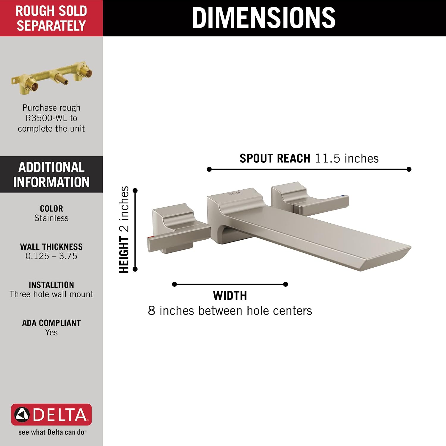 Delta Pivotal Wall Mount Bathroom Faucet 3 Hole, Brushed Nickel Bathroom Sink Faucet for Vanity, Lumicoat Stainless T5799-SS-PR-WL (Valve Not Included)