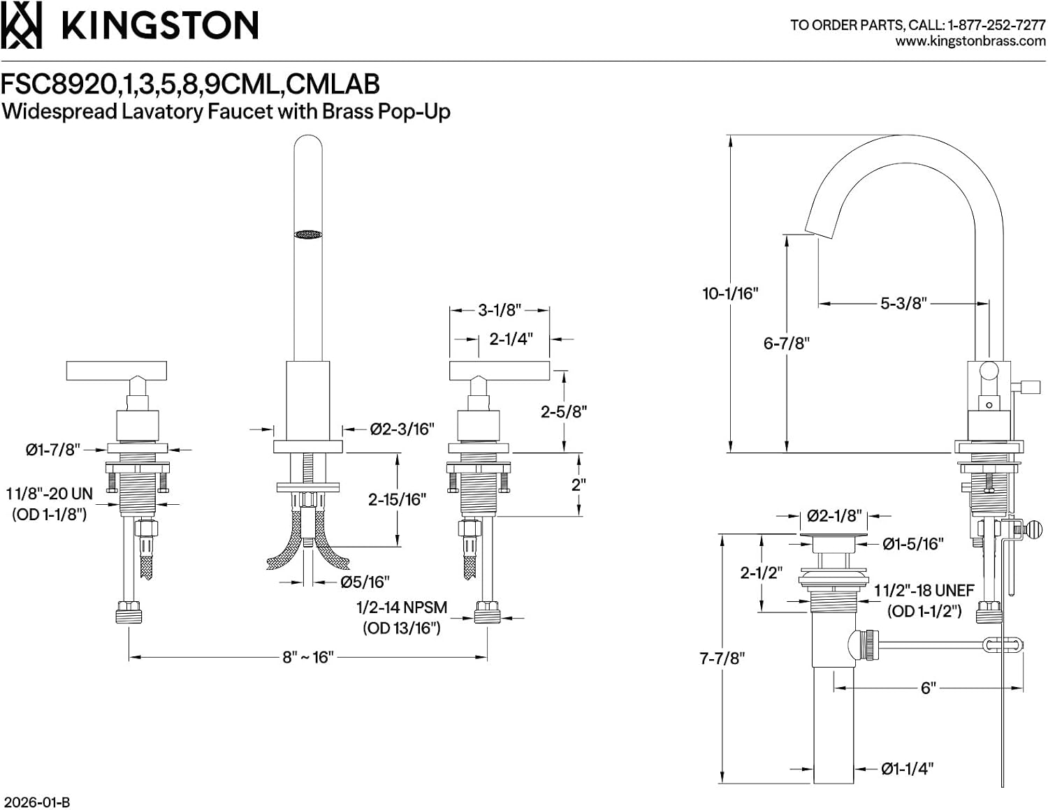 Kingston Brass FSC8929CML Manhattan Widespread Bathroom Faucet with Pop-Up Drain, Polished Nickel