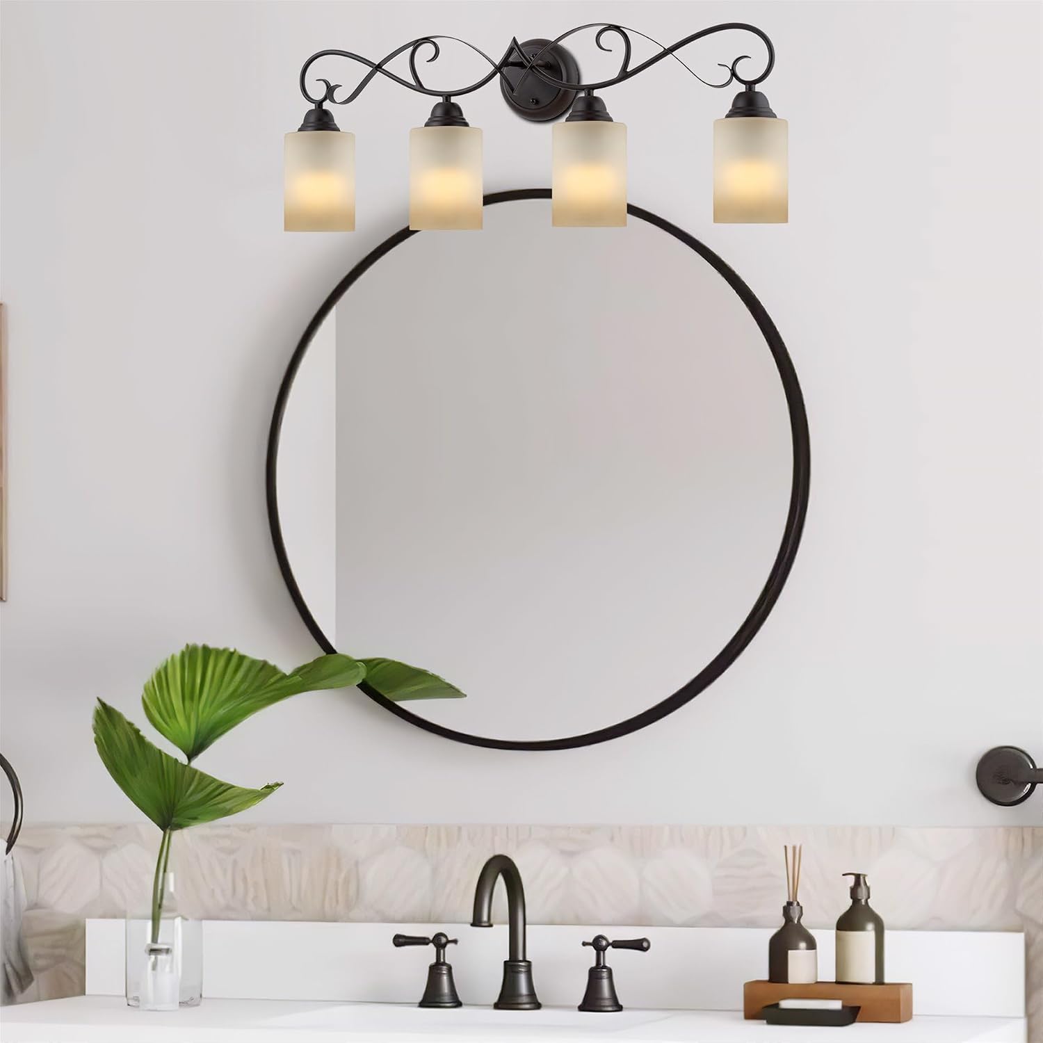Kira Home Villa 31' Traditional 4-Light Bathroom Vanity Light with Scrollwork Design and Frosted Amber Glass Shades, Oil Rubbed Bronze Finish
