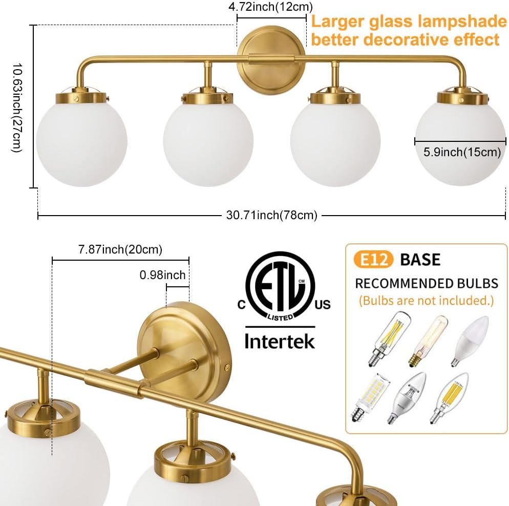 Bathroom Light Fixtures Gold Vanity Lights Over Mirror, Modern Wall Sconce Lighting 4-Light with White Glass Globe Shade