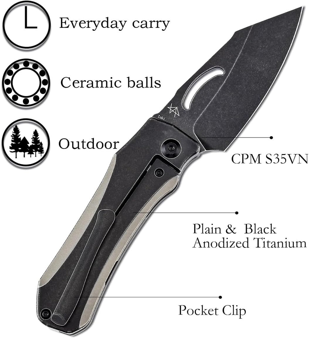 KANSEPT Loki Pocket Folding Knives for Men EDC Camping 2.99'' CPM S35VN Blade Material Pocket Folding Knife with Plain & Black Anodized Titanium Handle Everyday Carry K1058A1