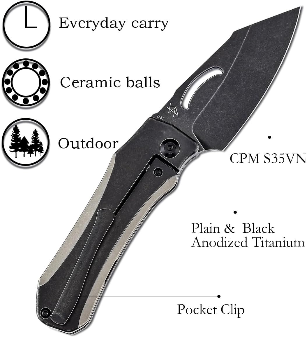KANSEPT Loki Pocket Folding Knives for Men EDC Camping 2.99'' CPM S35VN Blade Material Pocket Folding Knife with Plain & Black Anodized Titanium Handle Everyday Carry K1058A1