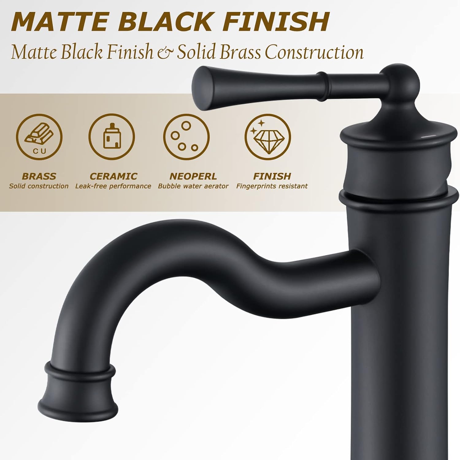 Vessel Sink Faucet Matte Black Bathroom Tall Faucet Single Hole Deck-Mount Pop up Drain Assembly Without Overflow Water Supply Lines Included