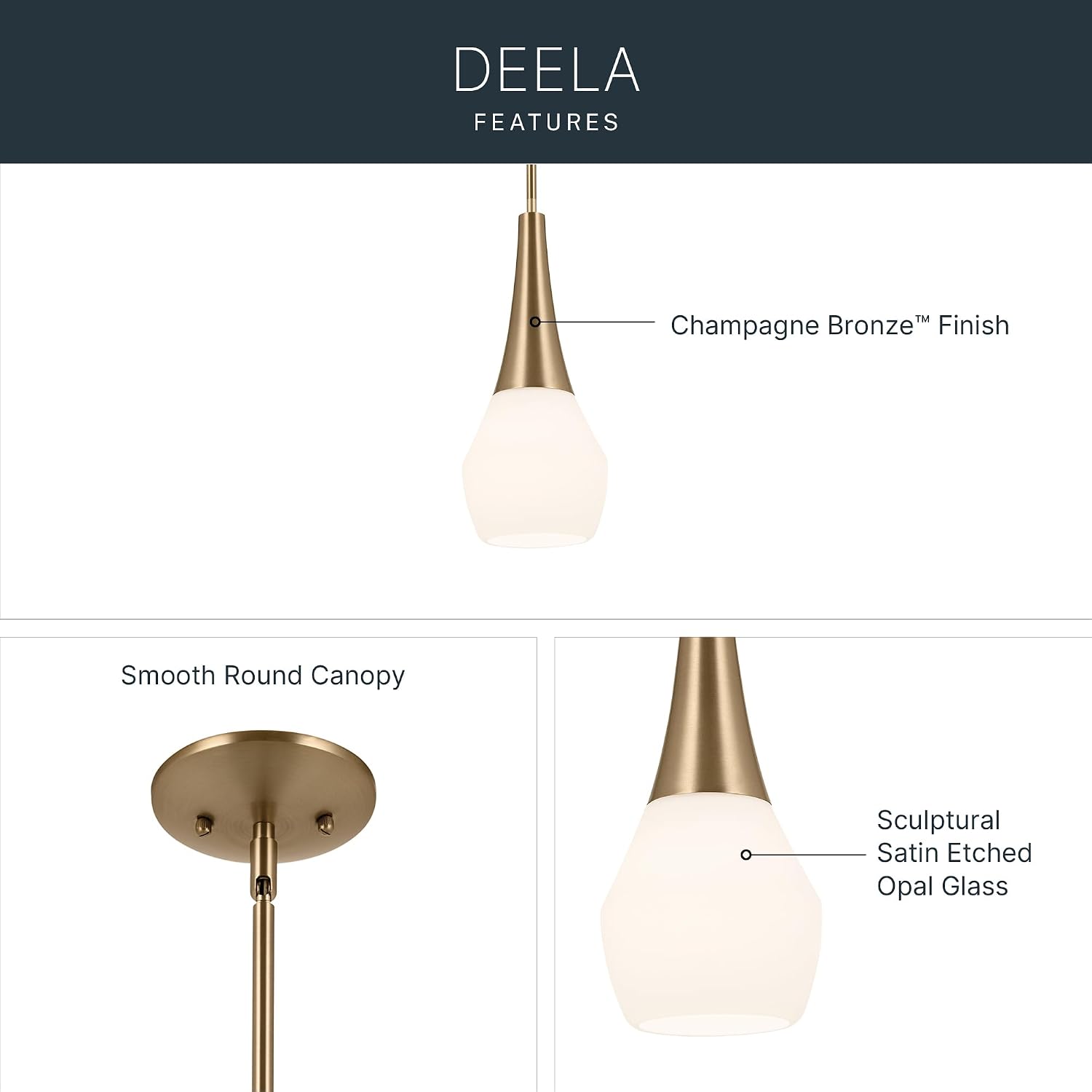 Kichler Deela Single Pendant Light Fixture for Kitchen Island with Satin Etched Cased Opal Glass in Champagne Bronze, Modern Hanging Lamp (7' x 17'), 52529CPZ