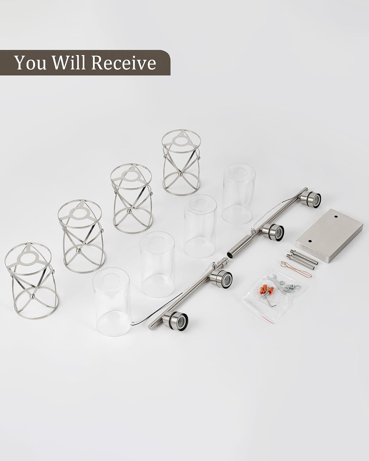 4-Light Brushed Nickel Bathroom Light Fixtures with Milk Frosted Glass, 29' Modern Bathroom Vanity Lighting Fixtures Over Mirror with Metal Cage, Wall Sconce Lights for Bath, E26, CH9176BNW-4W