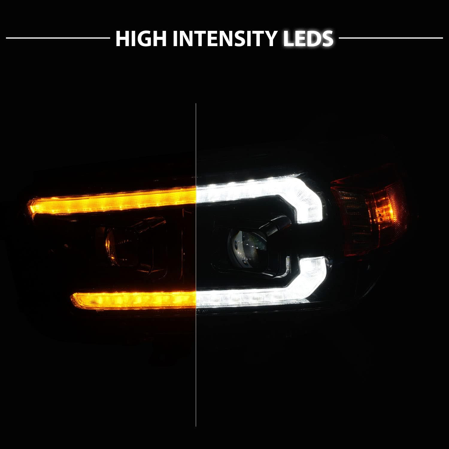 AmeriLite for 2010-2013 Toyota 4Runner Switchback LED DRL Sequntial Turn Signal Dual Projector Black Headlight Set - Driver and Passenger Side
