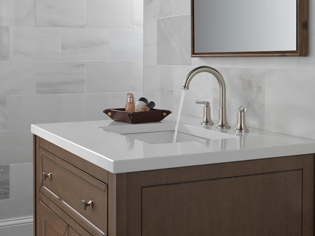 Delta Saylor Brushed Nickel Bathroom Faucet 3 Hole, 8 Inch Widespread Bathroom Sink Faucet for Vanity, Metal Push-Pop Drain Assembly, Stainless 3535-SSMPU-DST