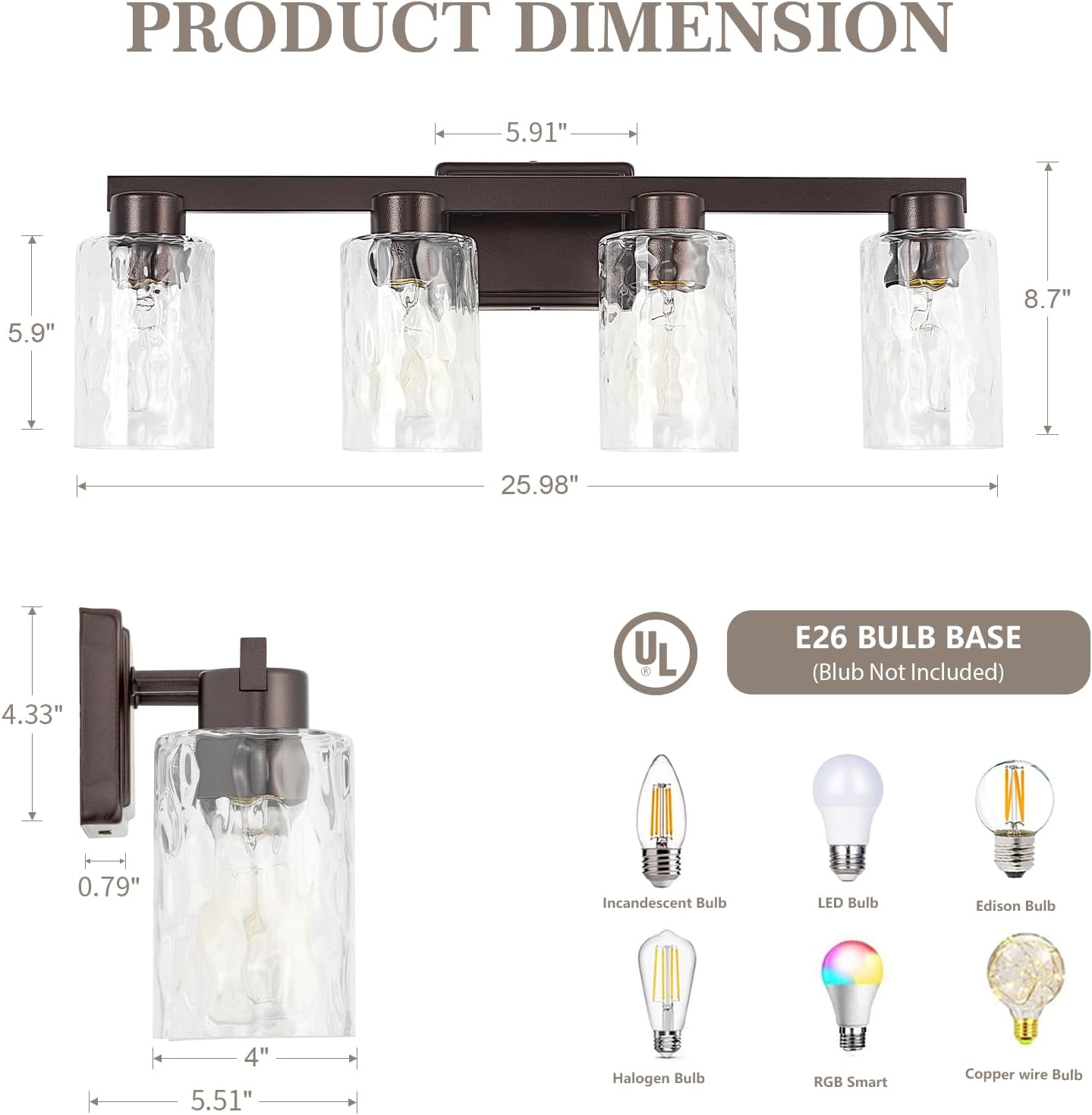 4-Light Bathroom Light Fixtures Modern Oil Rubbed Bronze Vanity Lights with Water Ripple Glass Wall Sconces Over Mirror for Bathroom, Powder Room, Living Room