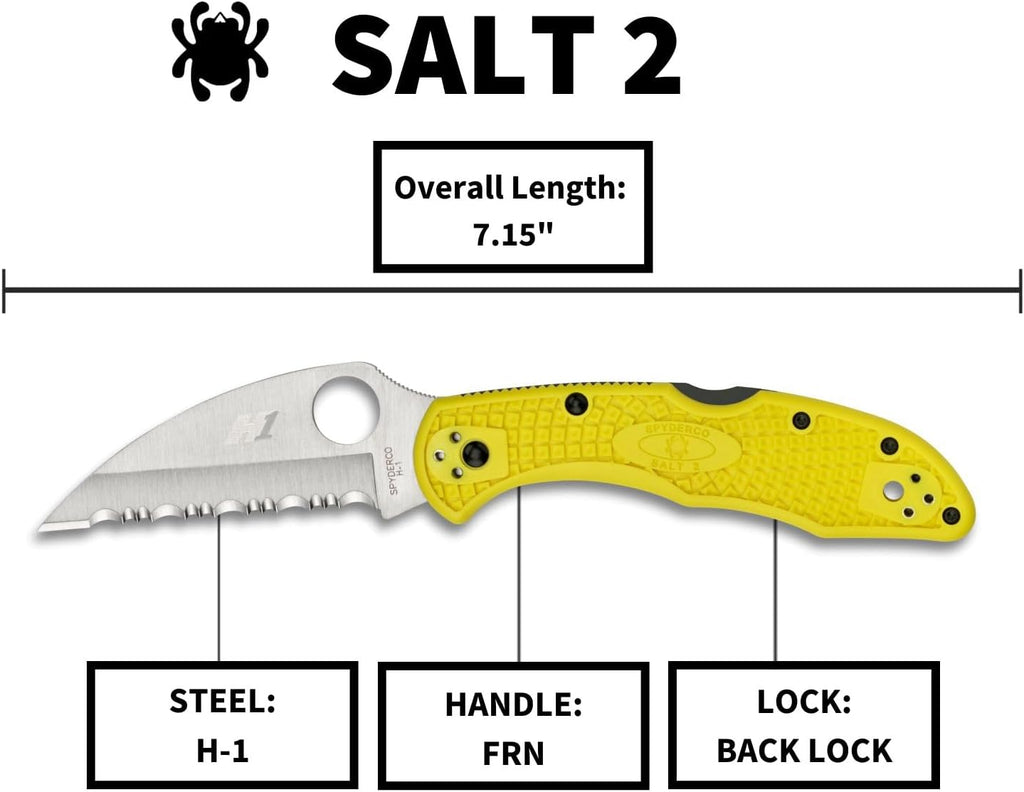 Spyderco Salt 2 Wharncliffe Knife with 2.9' H-1 Ultra-Corrosion Resistant Steel Blade and Lightweight Yellow FRN Handle - SpyderEdge - C88SWCYL2