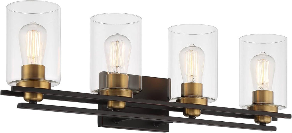 Possini Euro Design Demy Modern Industrial Wall Mount Light Oil Rubbed Bronze Gold Hardwired 27' 4-Light Fixture Clear Glass Shade for Bedroom Bathroom Vanity Living Room Home Hallway Kitchen