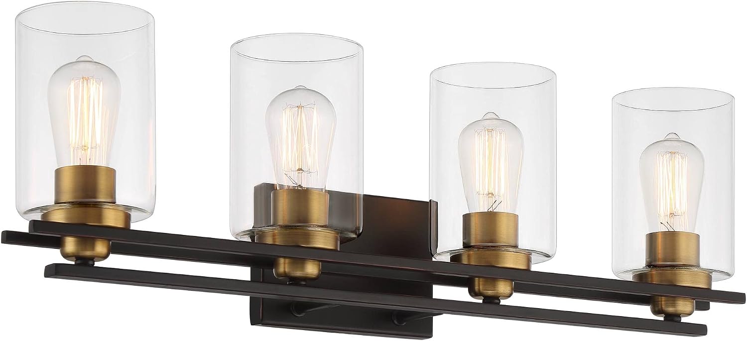Possini Euro Design Demy Modern Industrial Wall Mount Light Oil Rubbed Bronze Gold Hardwired 27' 4-Light Fixture Clear Glass Shade for Bedroom Bathroom Vanity Living Room Home Hallway Kitchen