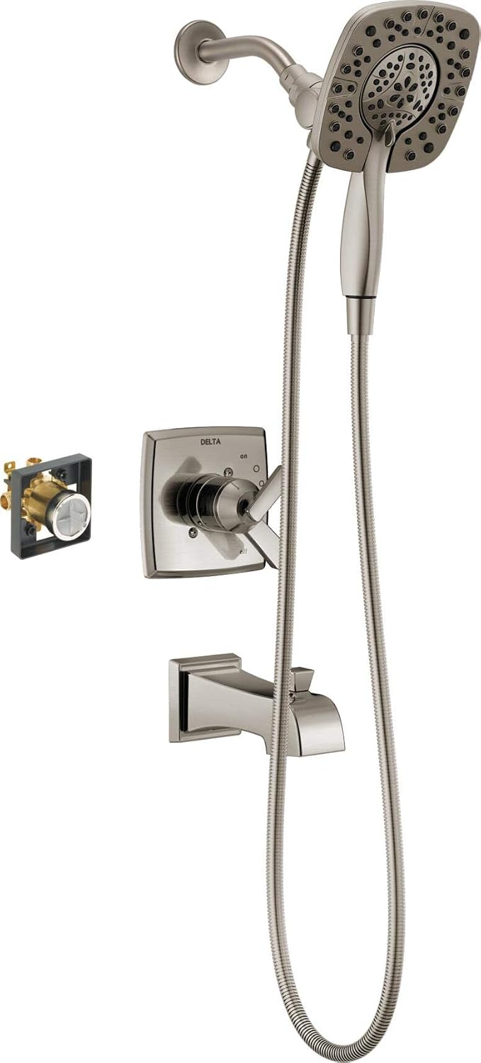 Delta Faucet Ashlyn 17 Series Dual-Function Tub and Shower Trim Kit with 2-Spray Touch-Clean In2ition 2-in-1 Hand Held Shower Head with Hose, Stainless T17464-SS-I (Valve Included)