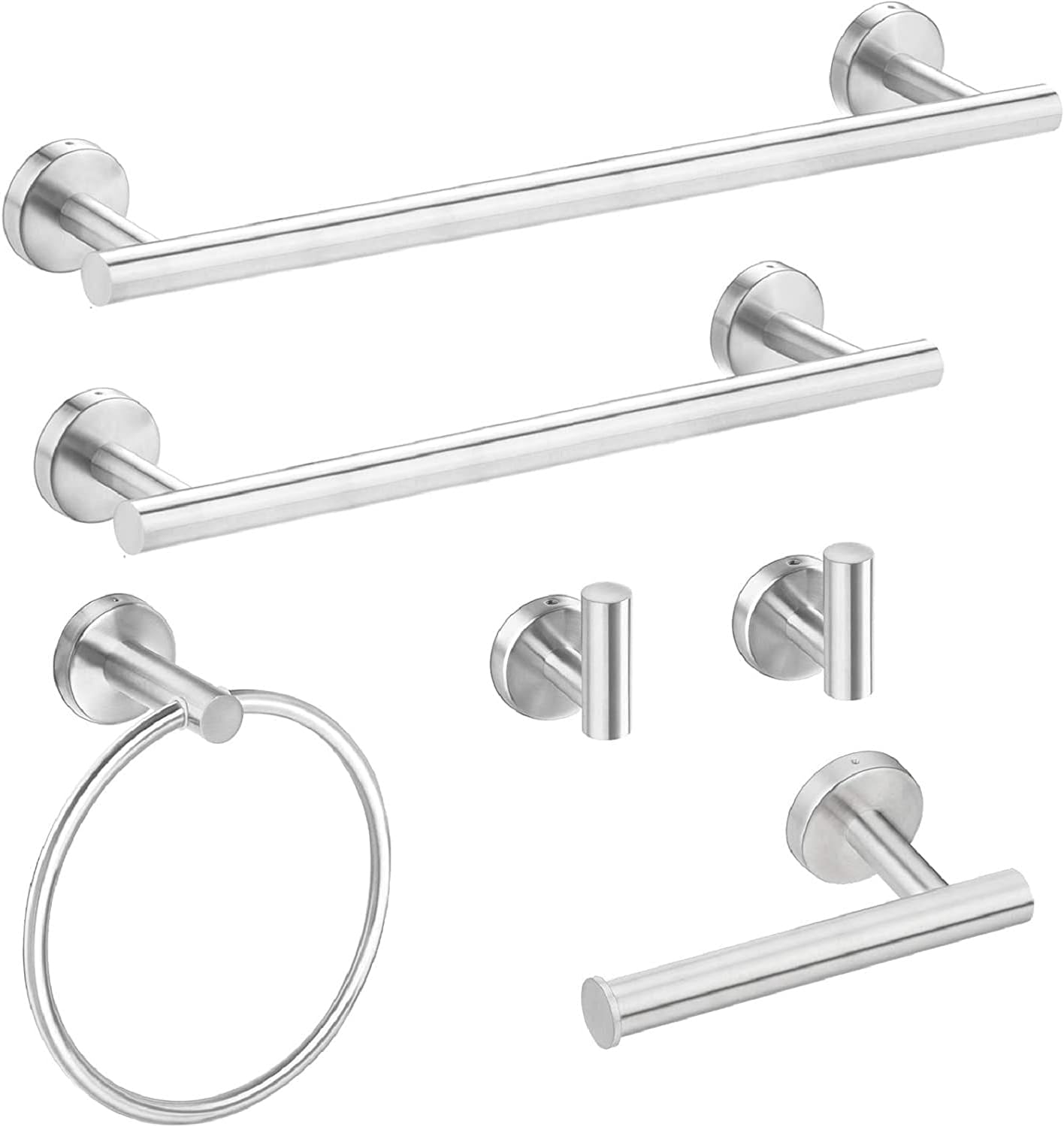 6-Pieces Bathroom Hardware Set SUS304 Stainless Steel Round Wall Mounted Includes Hand Towel Bar,Toilet Paper Holder,Robe Towel Hooks,Bathroom Accessories Kit On-Site (Brushed Nickel)