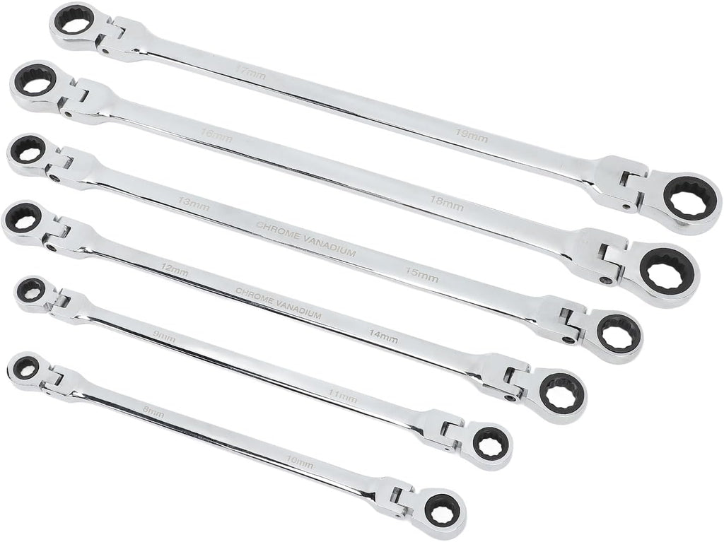 Qiilu 6pcs Flex Head Ratcheting Wrench Set, Metric 8-19mm CRV Steel, Extra Long Double Box End Ratchet Wrench for Repair, Greater Leverage and Easy in Tight Spaces, Efficient