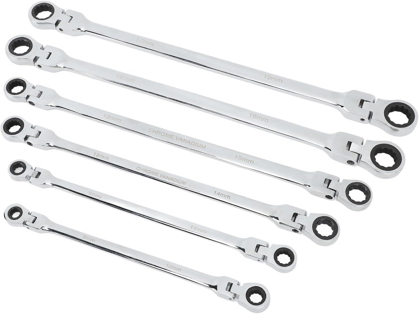 Qiilu 6pcs Flex Head Ratcheting Wrench Set, Metric 8-19mm CRV Steel, Extra Long Double Box End Ratchet Wrench for Repair, Greater Leverage and Easy in Tight Spaces, Efficient