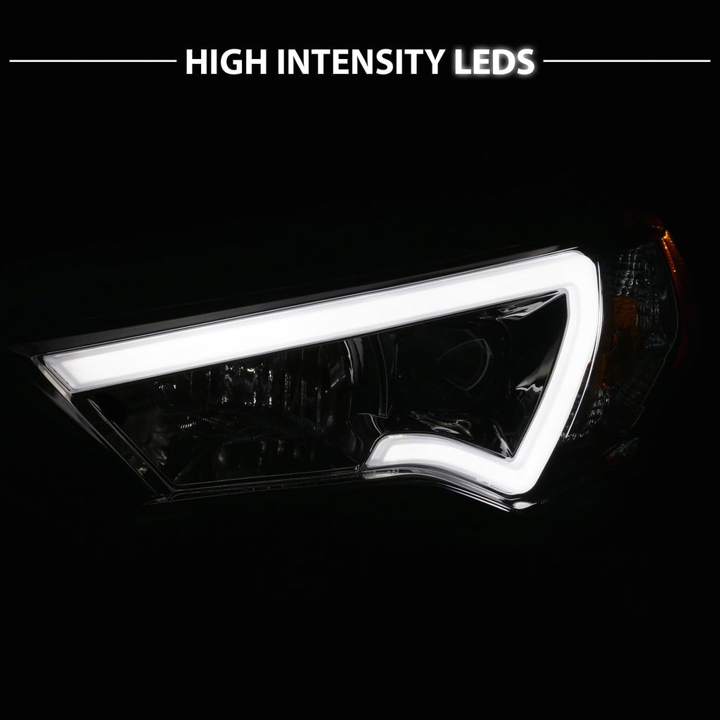AmeriLite for 2014-2023 Toyota 4Runner LED Tube Square Projector Gun-Metal Headlights Assembly Set - Passenger and Driver Side