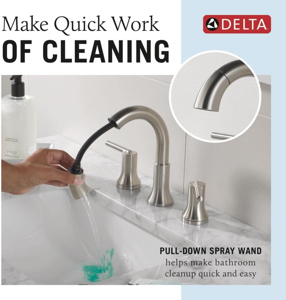 Delta Faucet Trinsic Pull Down Bathroom Faucet, Bathroom Pull Out Faucet, Chrome Widespread Bathroom Faucet 3 Hole with Pull Down Sprayer, Bathroom Sink Faucet Magnetic Docking, Chrome 3559-PD-DST