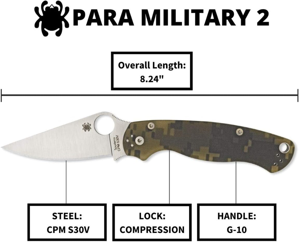 Spyderco Para Military 2 Folding Pocket Knife with 3.4' CPM S45VN Steel Blade and G-10 Handle - EDC Knife for Men and Women, Perfect for Hunting, Tactical, Camping, Survival - PlainEdge - C81GPCMO2