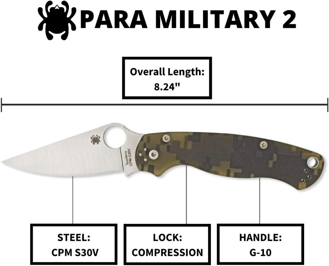 Spyderco Para Military 2 Folding Pocket Knife with 3.4' CPM S45VN Steel Blade and G-10 Handle - EDC Knife for Men and Women, Perfect for Hunting, Tactical, Camping, Survival - PlainEdge - C81GPCMO2