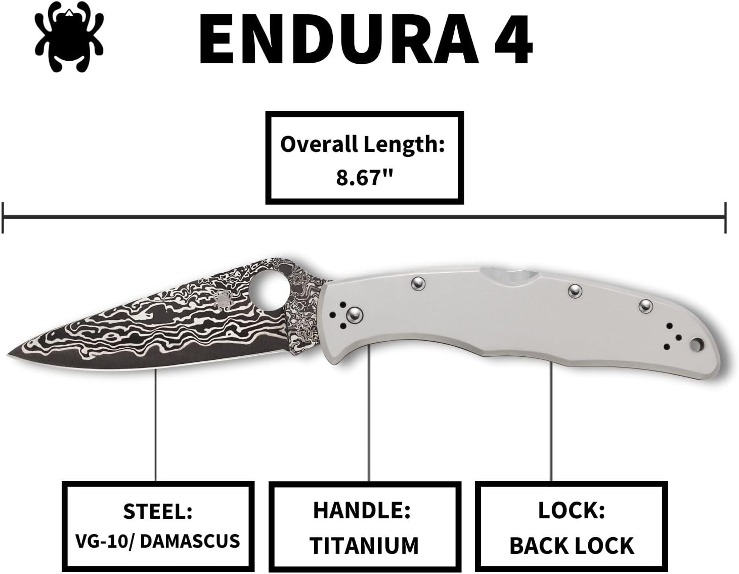 Spyderco Endura 4 Folding Pocket Knife with 3.8' VG-10 Damascus Steel Blade and Titanium Handle - EDC Knife for Men and Women, Perfect for Hunting, Tactical, Camping, Survival - PlainEdge - C10TIPD