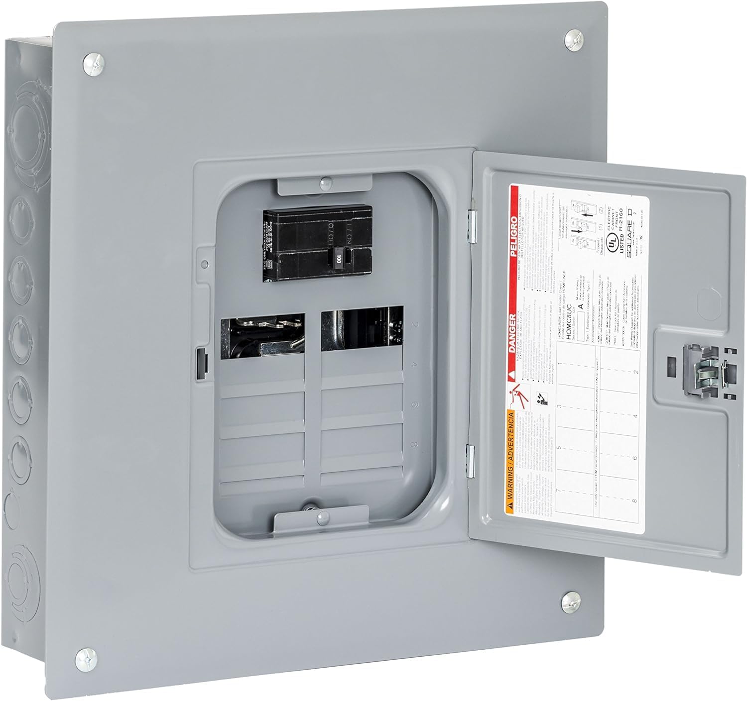 Square D - HOM816M100PC Homeline 100 Amp 8-Space 16-Circuit Indoor Main Breaker Load Center with Cover (Plug-on Neutral Ready),