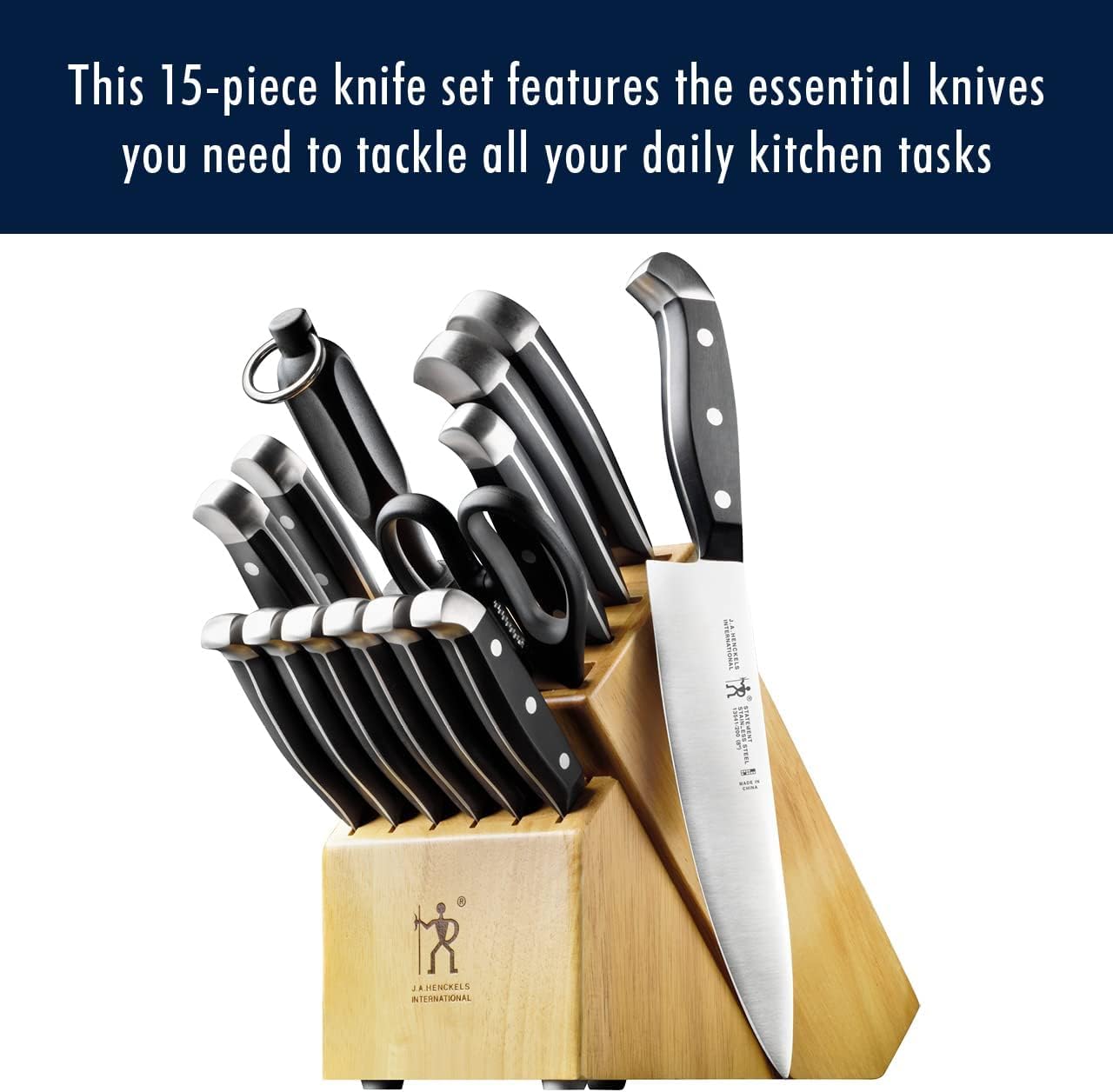 HENCKELS Statement Premium Quality 15-Piece Knife Block Set, Natural, Razor-Sharp, German Engineered Informed by 100+ Years of Mastery, Lightweight and Strong, Dishwasher Safe