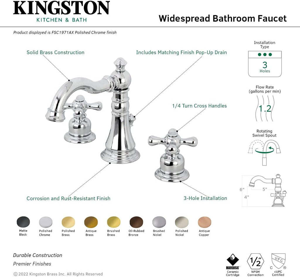 Fauceture FSC1970AX American Classic Widespread Bathroom Faucet with Brass Pop-Up, Matte Black
