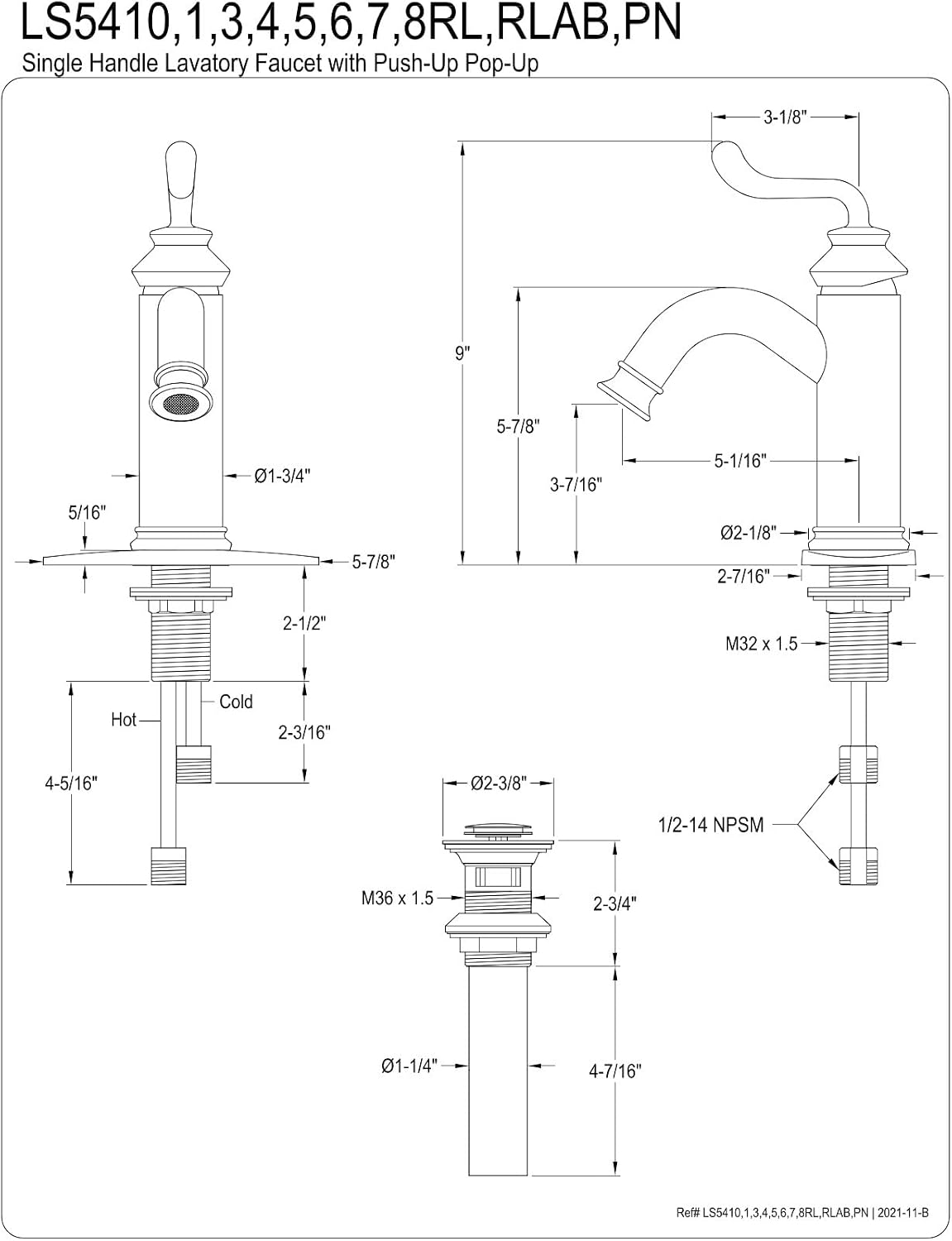 Fauceture LS541RLPN Royale Single-Handle Bathroom Faucet with Push Pop-Up, Polished Nickel