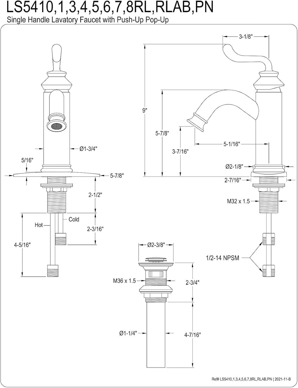 Fauceture LS5411RL Royale Single-Handle Bathroom Faucet with Push Pop-Up, Polished Chrome