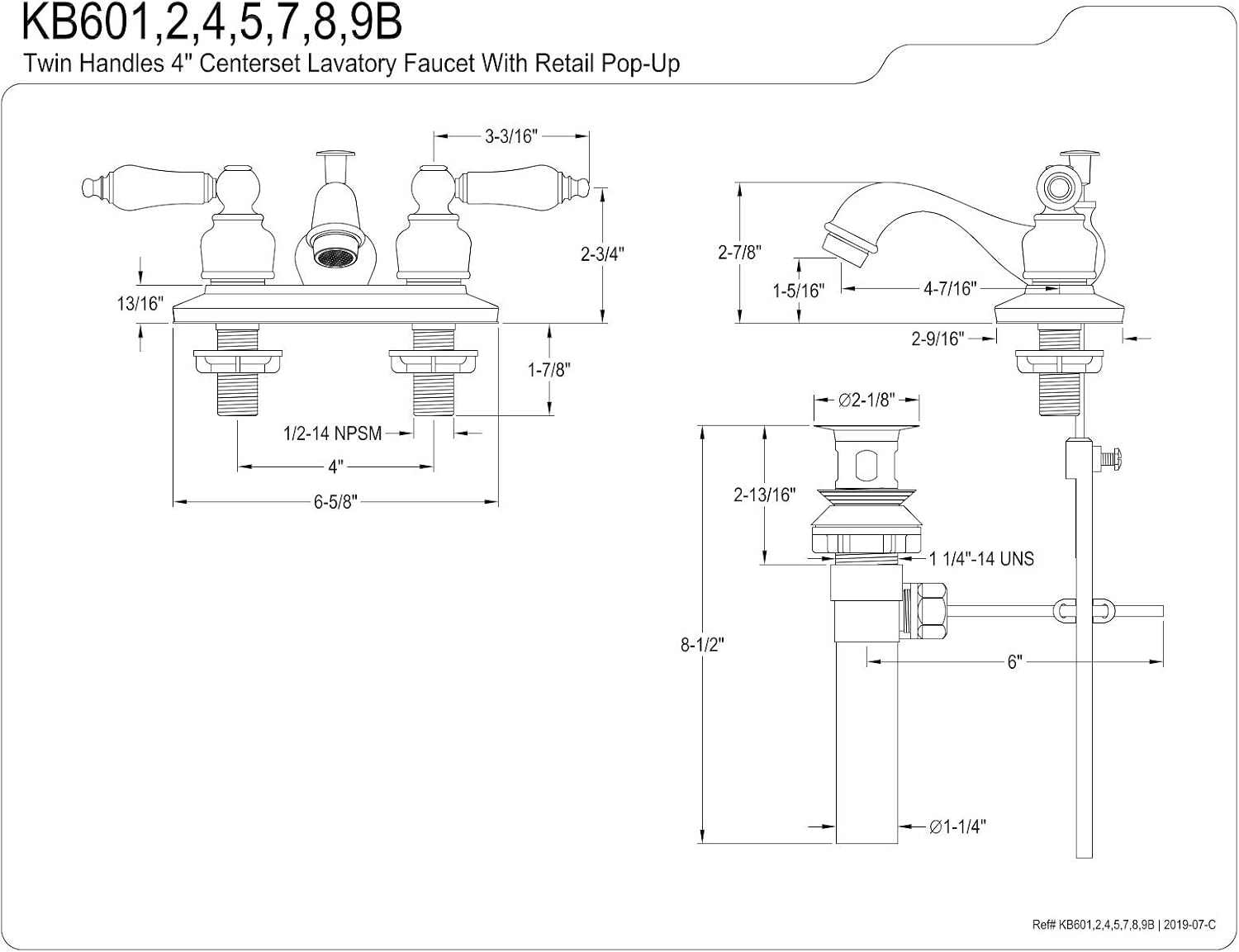 Kingston Brass KB608B Victorian Center Set Lavatory Faucet with Brass/ABS Pop-Up, 4-1/2', Brushed Nickel