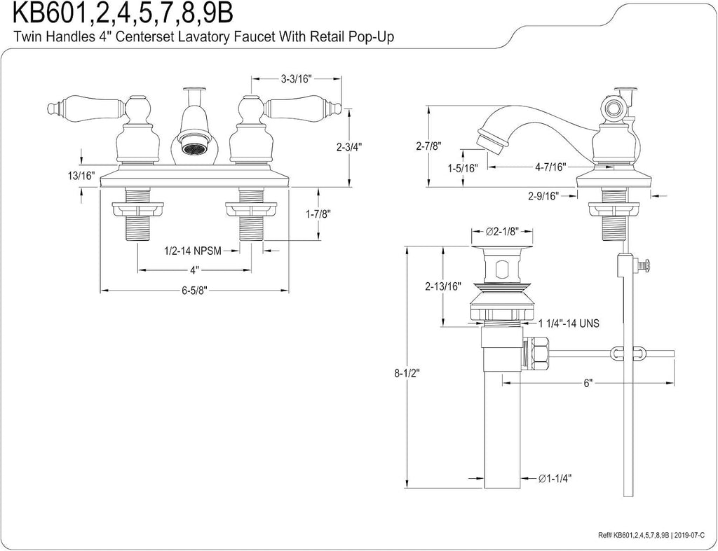 Kingston Brass KB602B Teapot Faucet with Metal Cross Handle & Pop-Up, Polished Brass, 4 Inch
