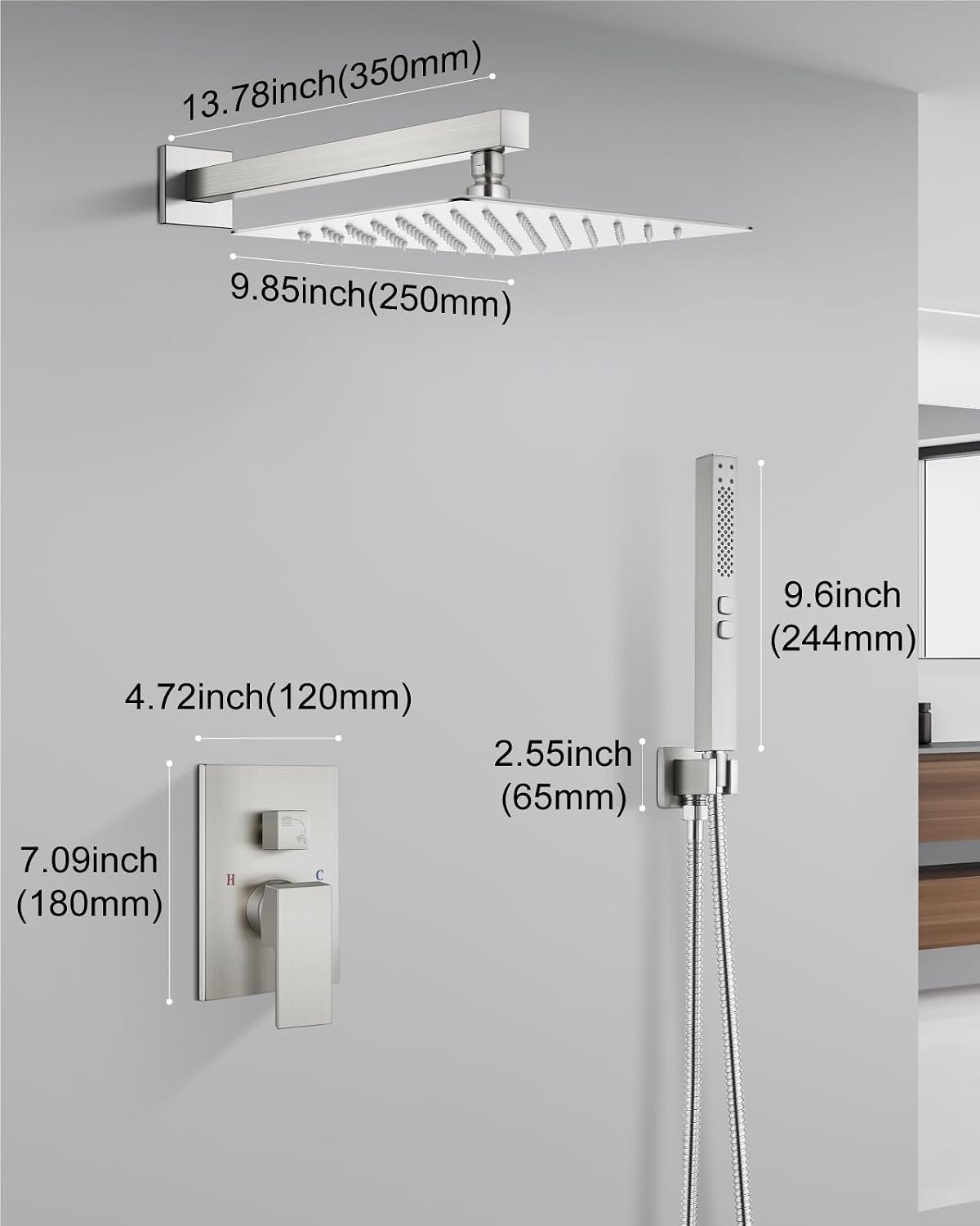 Shower Faucet Set Rainfall Shower System with Square Showerhead and Handle Set Fixture with 2 in 1 Function Handheld Sprayer Wall Mounted Trim Repair Kit Rough-in Valve 10 Inch Brushed Nickel