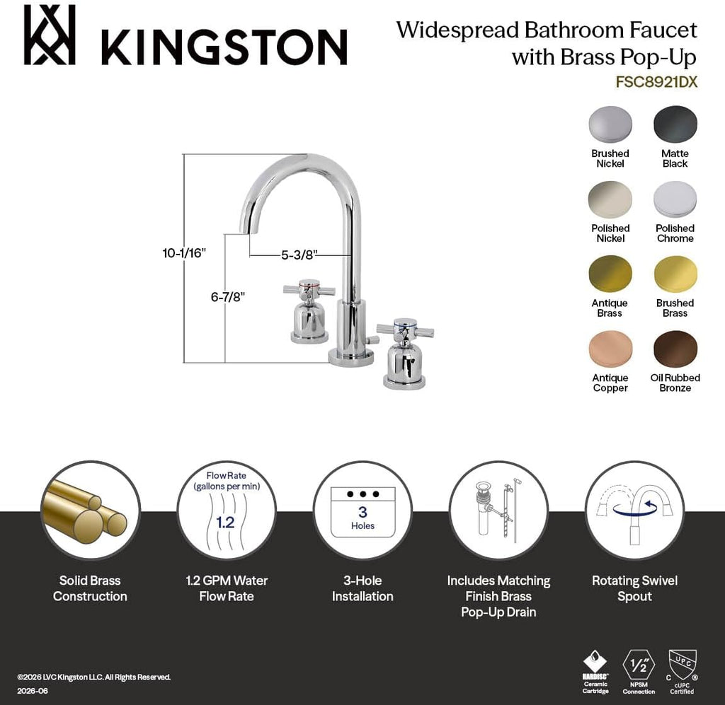 Kingston Brass FSC8928DX Concord Widespread Bathroom Faucet, Brushed Nickel, 10 x 5.38 x 10.06